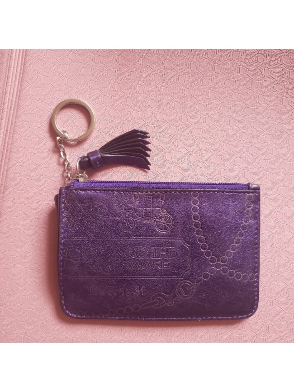 Coach Y2K Metallic Purple Leather Card Case Wallet Keyring Tassel